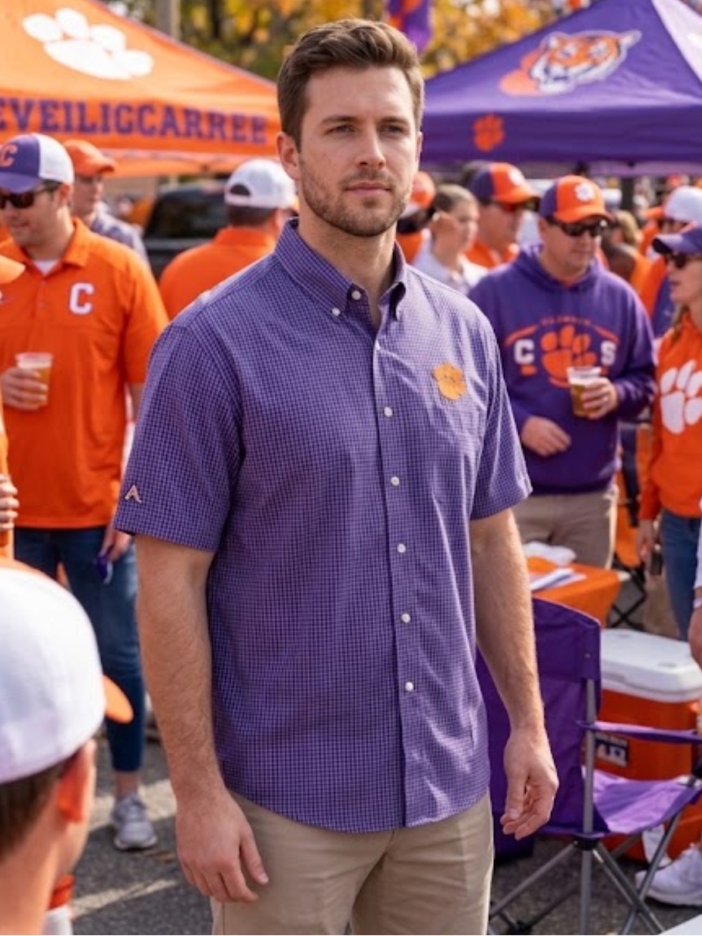 Antigua Clemson Tigers Button Down Shirt Purple Gingham Plaid Mens 2XL